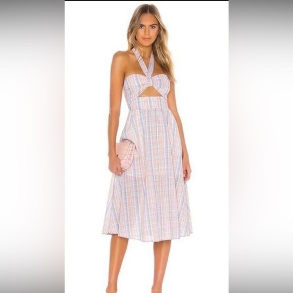 MAJORELLE Pastel Plaid Midi Dress Halter Neck